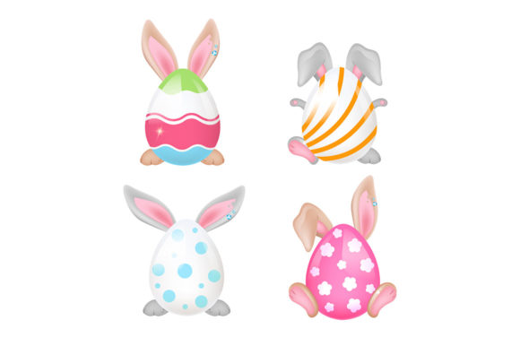 Cute Bunnies Behind Easter Eggs Cartoon Graphics and Illustrations