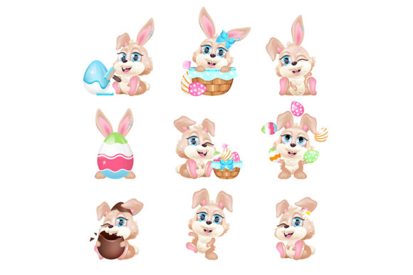 Cute Easter Bunnies Kawaii Cartoon Graphics for Illustrations