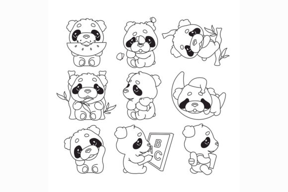 Cute Panda Kawaii Linear Characters Pack Graphics and Illustrations