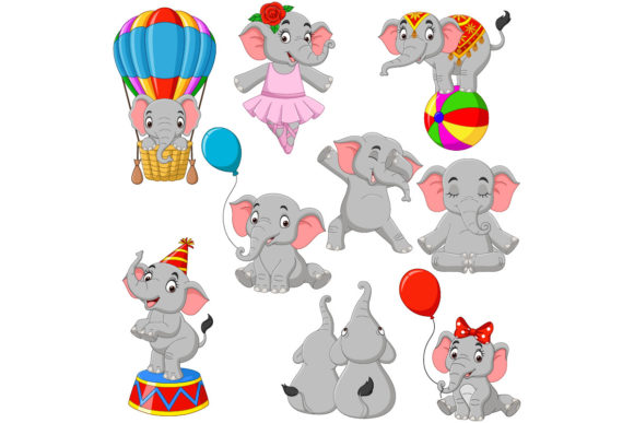 Set of Nine Cartoon Elephant Collection Graphics and Illustrations