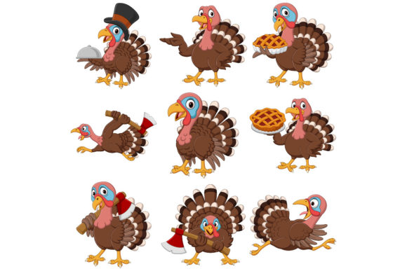 Set of Nine Turkey Birds Cartoon Graphics and Illustrations